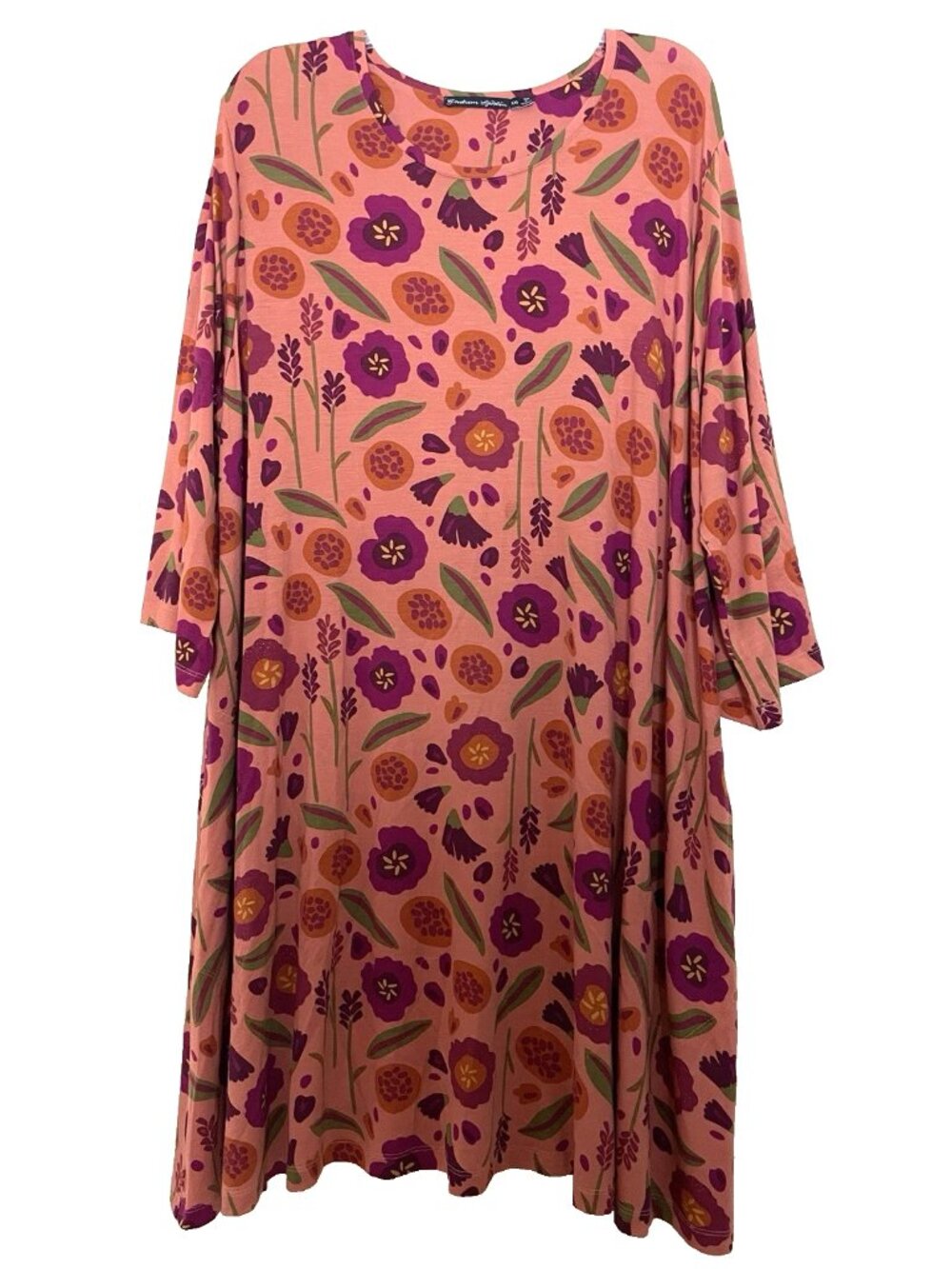 Gudrun Sjoden Jersey T-shirt Dress Size XXL Floral 3/4 Sleeve Colorful Lagenlook